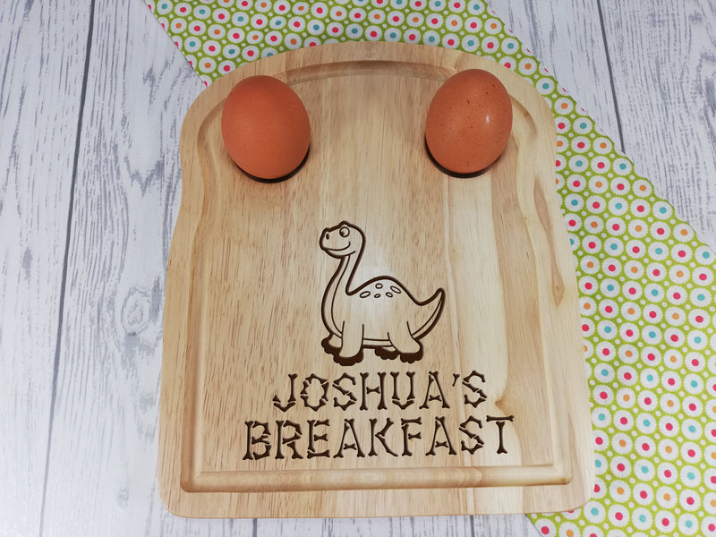 Personalised Engraved Dinosaur  Wooden Toast Shaped egg breakfast board Any Name