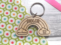 Personalised Wooden Rainbow Welsh Teacher Diolch Gift Key ring