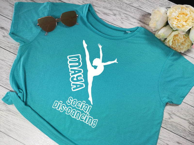 Personalised Women's cropped caribbean blue t-shirt Social dis-dancing NAME