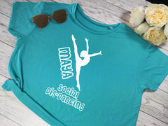 Personalised Women's cropped caribbean blue t-shirt Social dis-dancing NAME