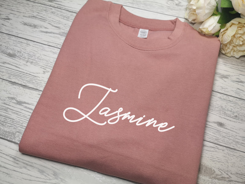 Personalised KIDS Dusky PINK fancy NAME detail jumper in a choice of colour detail