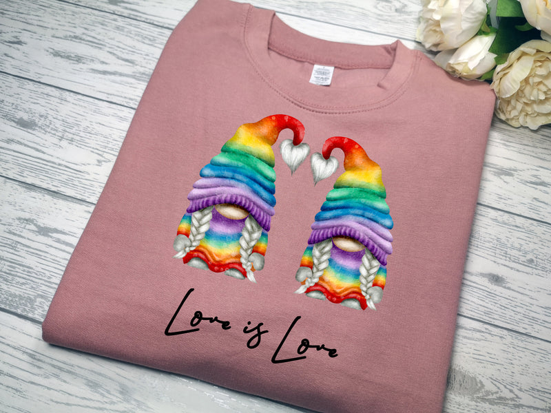Custom Unisex DUSKY PINK Valentines jumper rainbow PRIDE Girls gonks gnomes love is love