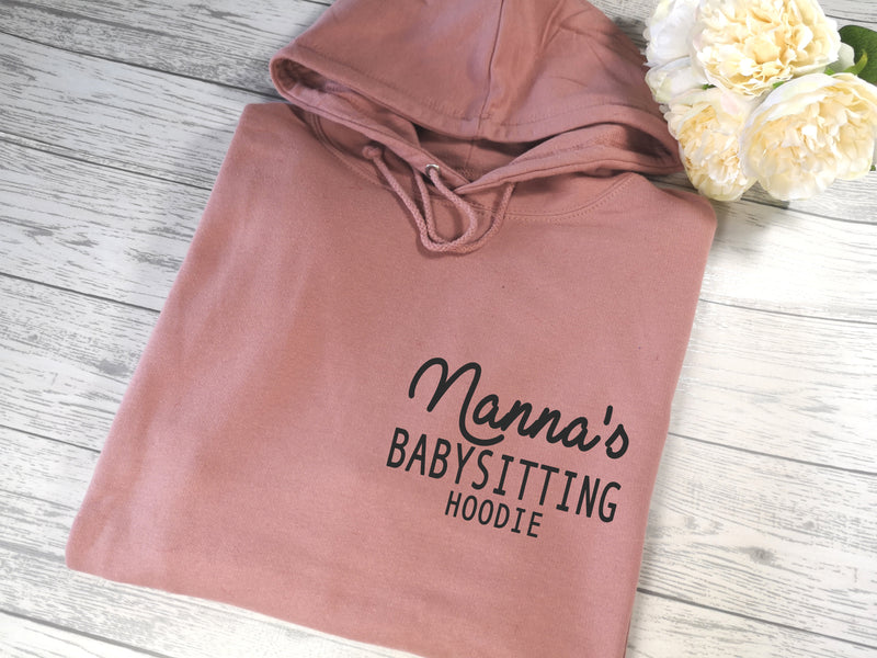 Personalised Womens DUSKY PINK hoodie with NAME babysitting hoodie detail