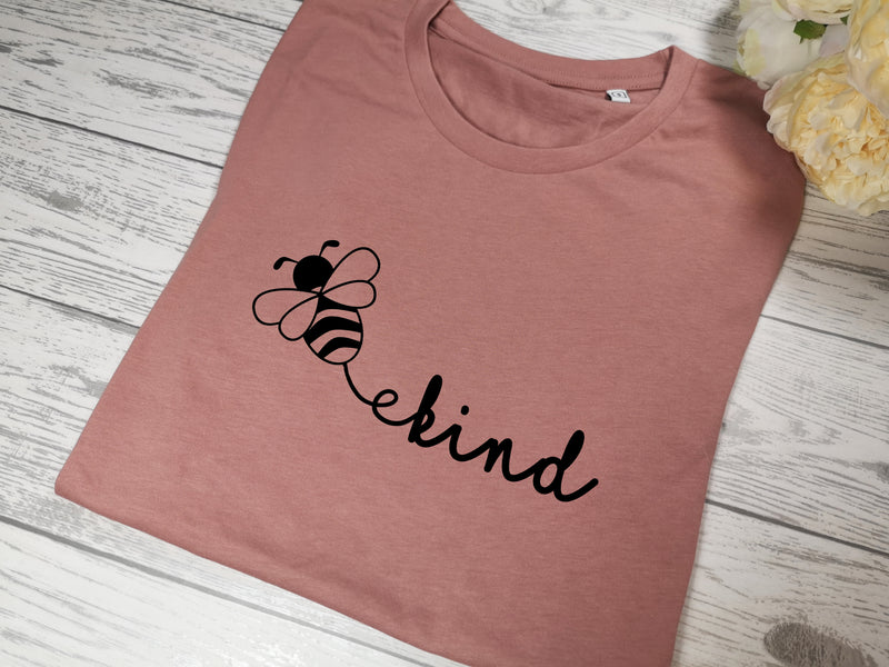 Custom Women's Dusky Pink t-shirt Bee Kind with choice of colour detail