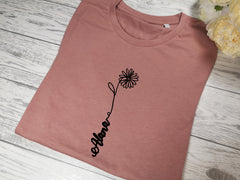 Custom Women's Dusky Pink t-shirt daisy name with choice of colour detail