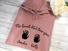 Personalised Womens DUSKY PINK hoodie with Children's handprints detail In choice of colours