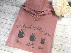 Personalised Womens DUSKY PINK hoodie with Children's handprints detail In choice of colours
