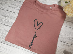 Personalised Women's Dusky Pink t-shirt heart name with choice of colour detail