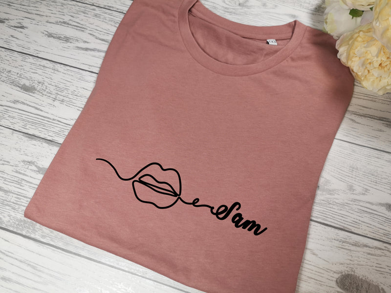 Personalised Women's Dusky Pink t-shirt Lips name with choice of colour detail