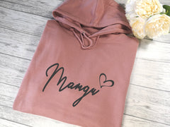 Personalised Womens DUSKY PINK hoodie with Fancy Name heart detail