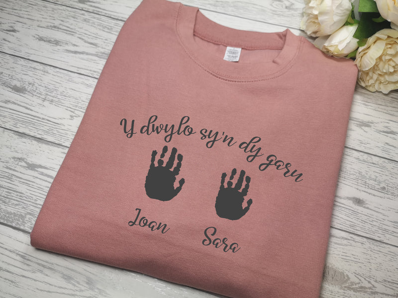 Personalised Womens Welsh DUSKY PINK jumper with Children's handprints detail