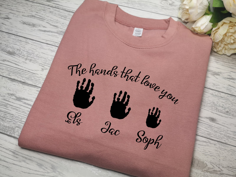 Personalised Womens DUSKY PINK jumper with Children's handprints detail