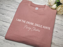 Custom Unisex DUSKY PINK Christmas  jumper Drunk Single Auntie detail