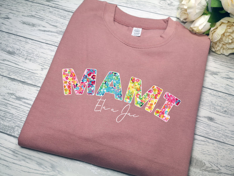 Personalised WELSH Unisex DUSKY PINK jumper Name in colourful Floral print detail with kids names