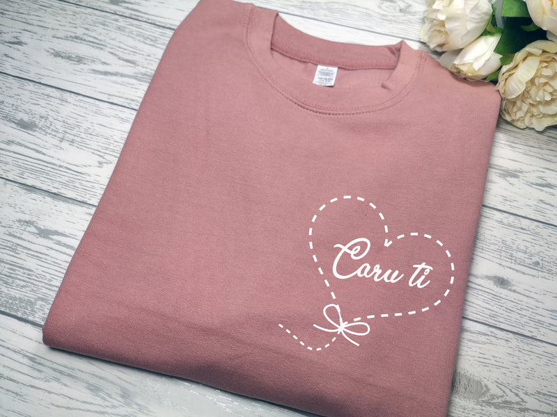 Personalised Unisex WELSH Dusky pink jumper Caru ti balloon heart detail