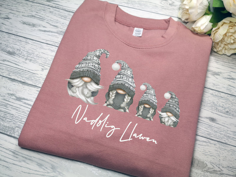 Custom KIDS welsh DUSKY PINK Christmas jumper gonks gnomes with Nadolig Llawen detail