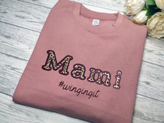Personalised Unisex DUSKY PINK jumper with name Mum Mami  #winging it detail in a choice of colour