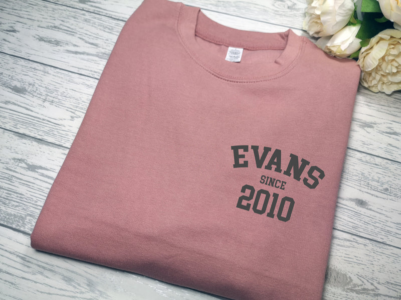 Personalised Unisex Dusky pink  jumper Any surname Since year detail
