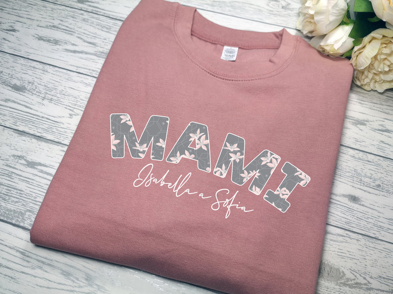 Personalised WELSH Unisex DUSKY PINK jumper Name in Floral grey print detail with kids names