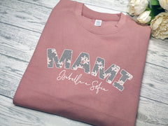Personalised WELSH Unisex DUSKY PINK jumper Name in Floral grey print detail with kids names