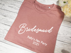 Personalised Women's Dusky pink t-shirt Hen party Bridesmaid wedding name