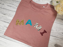 Personalised Women's DUSKY PINK t-shirt leopard mixed colour Mam Mum