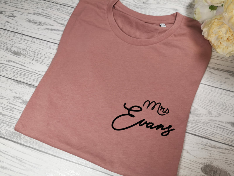 Personalised Women's Dusky pink t-shirt MRS with a surname