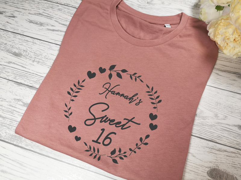 Personalised Women's Dusky pink Sweet 16 birthday t-shirt name