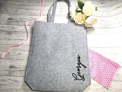 Personalised Grey Felt Tote bag with side Name detail