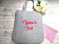 Personalised Grey Felt Tote bag with side Name stuff bag detail