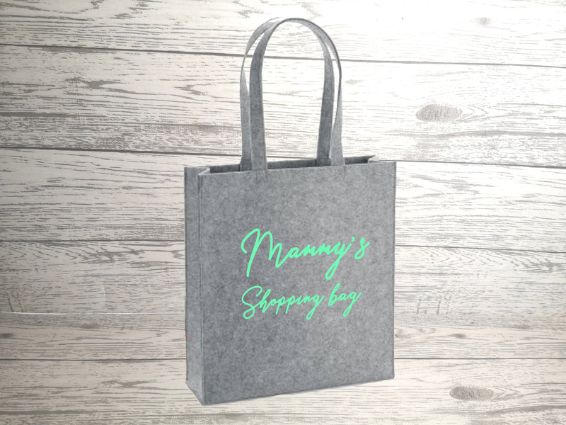 Personalised Grey Felt Tote bag with side Name shopping bag detail