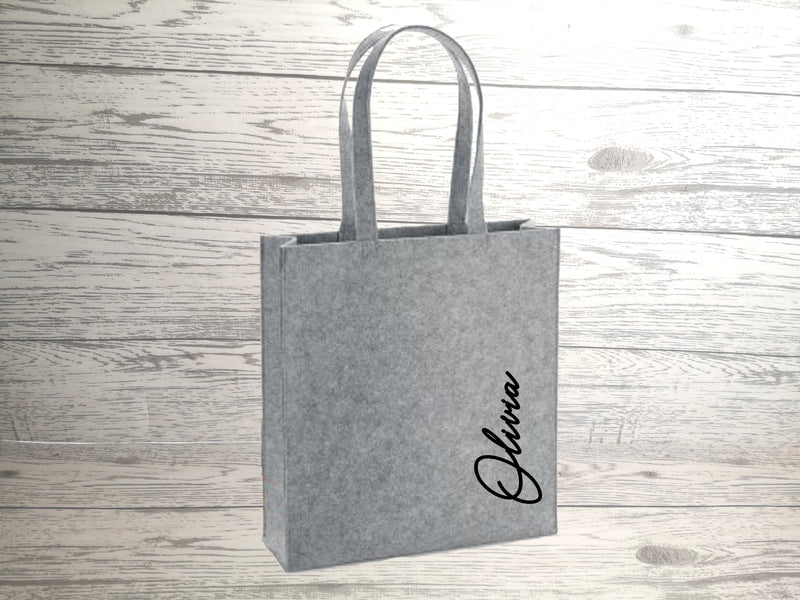 Personalised Grey Felt Tote bag with side Name detail