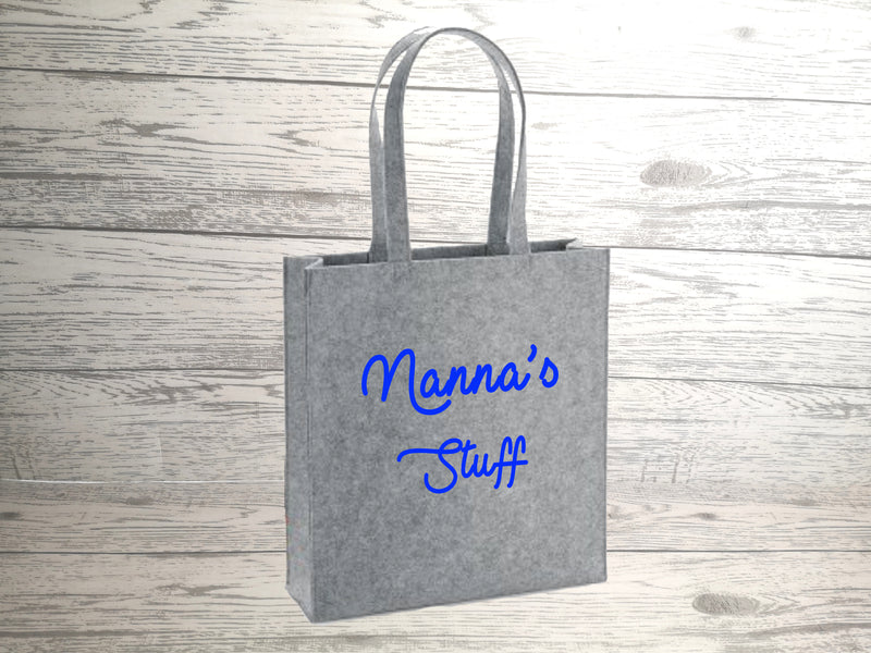 Personalised Welsh Grey Felt Tote bag with side Name stwff bag detail