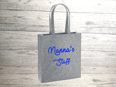 Personalised Grey Felt Tote bag with side Name stuff bag detail