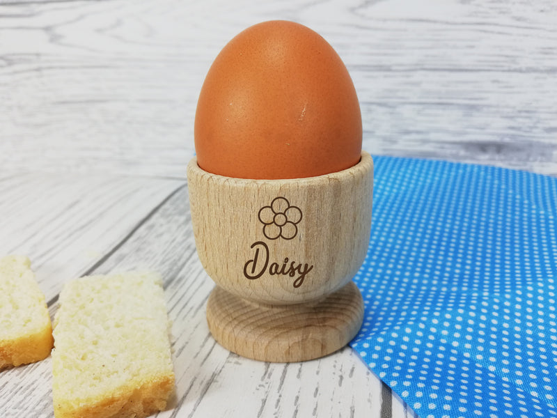 Personalised Engraved Wooden Egg Cup Name With Flower Easter Gift