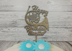 Personalised wooden birthday Welsh Music French Horn cake topper Any name