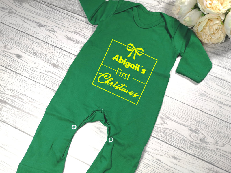 Personalised Green Christmas Baby grow with First Christmas