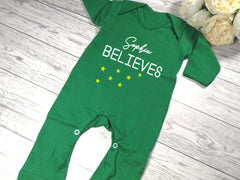 Personalised Green Christmas Baby grow with Believes detail