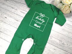 Personalised WELSH Green Christmas Baby grow with Nadolig cyntaf