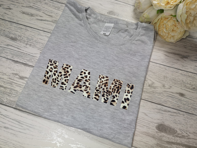 Personalised Women's Grey t-shirt Bold Mummy / Mami /Nanna with choice of colour detail