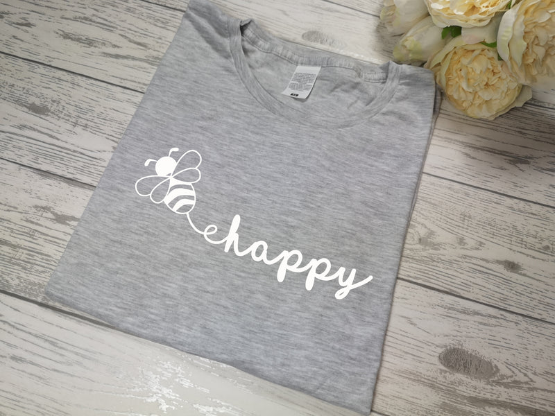 Custom Women's Grey t-shirt Bee happy with choice of colour detail