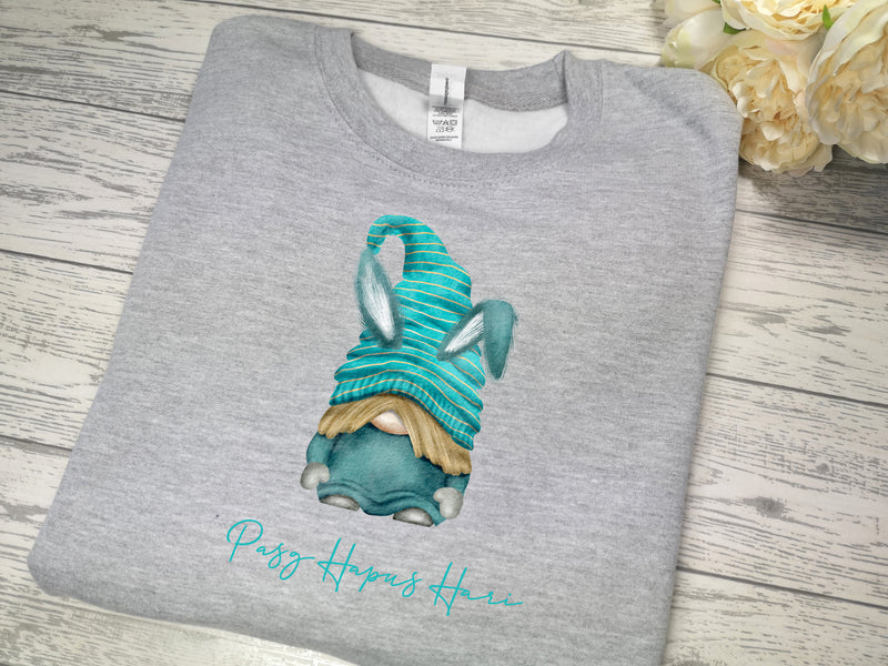 Custom baby/KIDS HEATHER GREY jumper Easter bunny gonk Pasg hapus name detail