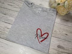 Personalised Women's Grey t-shirt with glitter heart and Name