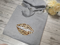 Personalised Womens Grey hoodie with Leopard lips and Name detail In choice of colours  No pocket