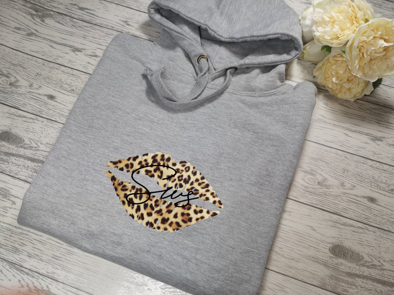 Personalised Womens Grey Welsh hoodie with Leopard lips and Name detail In choice of colours  No pocket