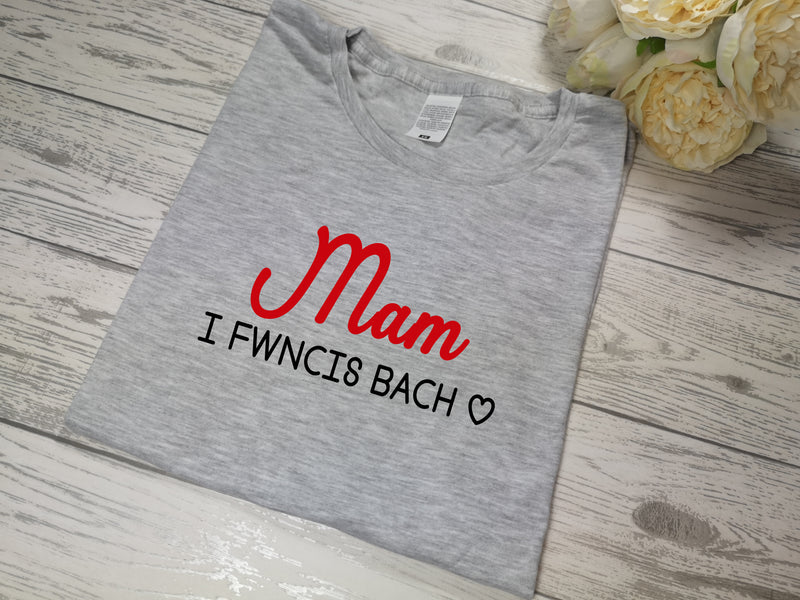 Personalised Women's Grey t-shirt Mam i ferched / fechgyn with choice of colour detail