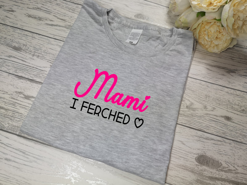 Personalised Women's Grey t-shirt Mam i ferched / fechgyn with choice of colour detail