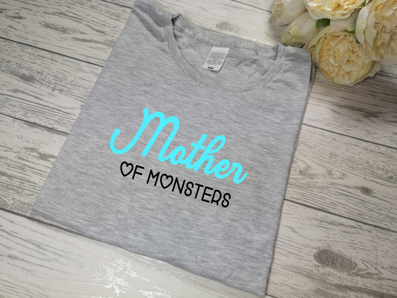 Personalised Women's Grey t-shirt Mummy of boys / girls / monsters with choice of colour detail