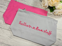 Personalised pink or grey canvas Large Baby bum stuff Accessory pouch bag add a name