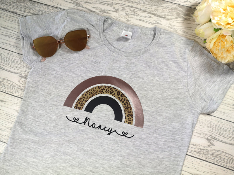 Personalised Women's Grey t-shirt with Rainbow Any Name or phrase